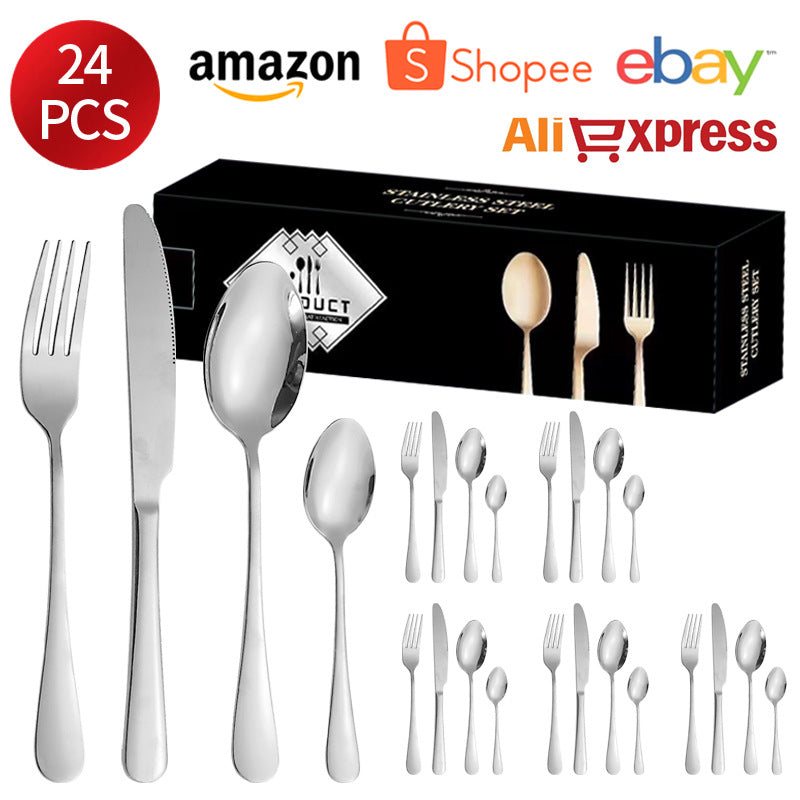 1010Stainless Steel Cutlery Set Hotel Titanium Coated Western Steak Knife Fork Spoon Tea Spoon24Set