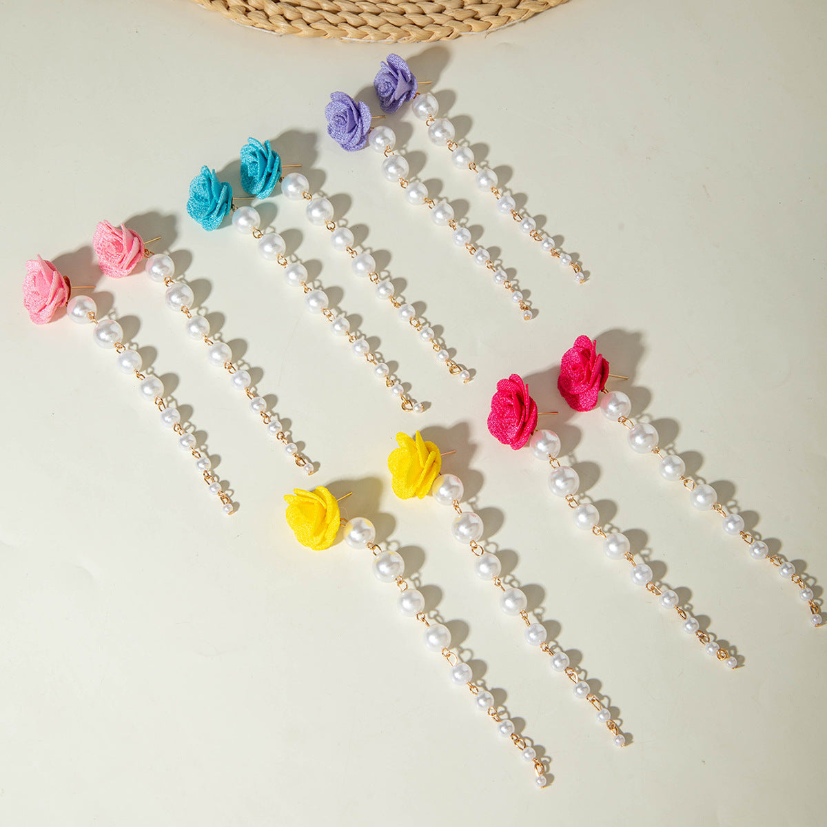 European and American Fresh Fabric Colorful Pearl Earrings Sweet Rice Bead Tassel Tulip Flower Earrings