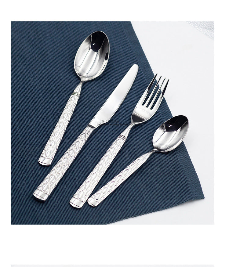 304Stainless Steel Knife Fork Spoon Thickened Forged Relief Tableware Western Steak Knife Fork Dessert Spoon4Piece Suit