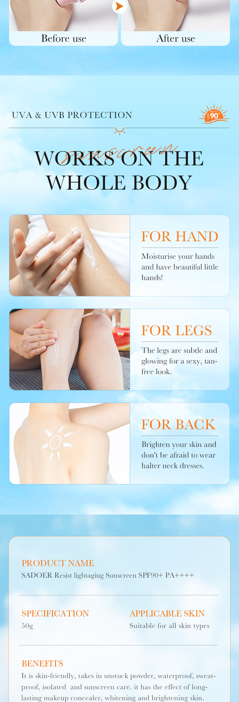 Full English Sunscreen SADOER Clear Anti-Aging Refreshing UV Protection Sunscreen Lotion  Wholesale