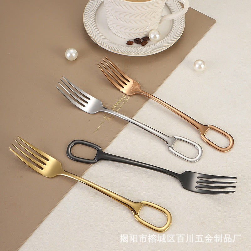 304Stainless Steel Western Cutlery Set with Rings, Steak Knife, Fork, Spoon, European Style Hanging Hole Tea Spoon with Tail Set