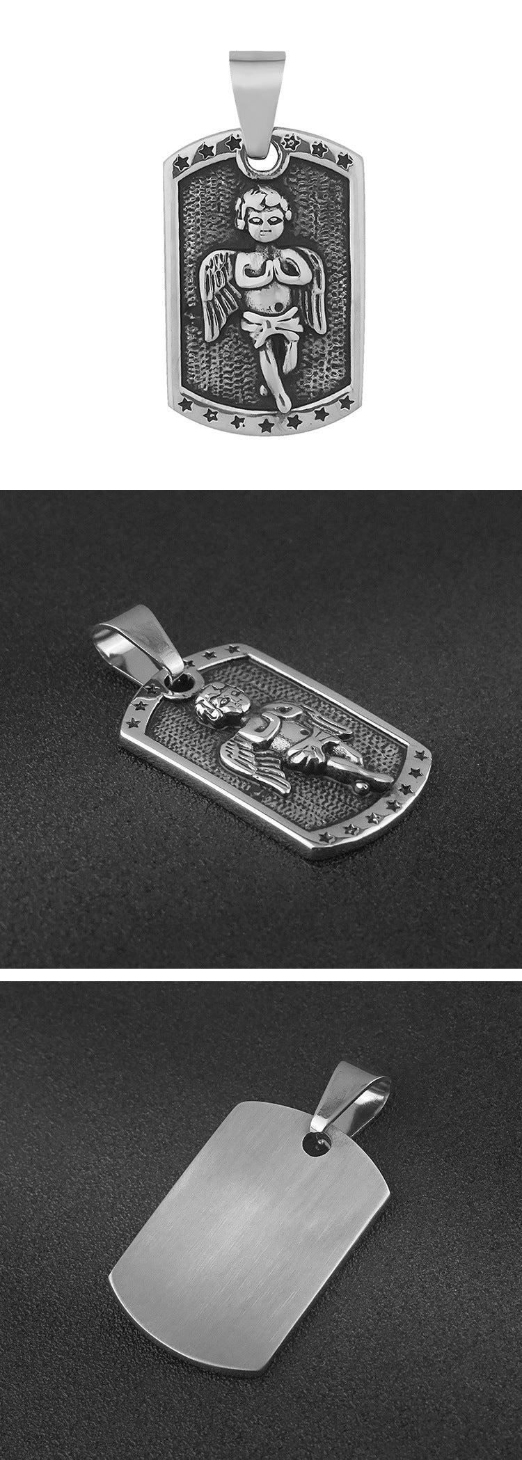 New Stainless Steel Square Angel Pendant Necklace for Men, Vintage Style, Titanium Steel Pendant, Factory Wholesale