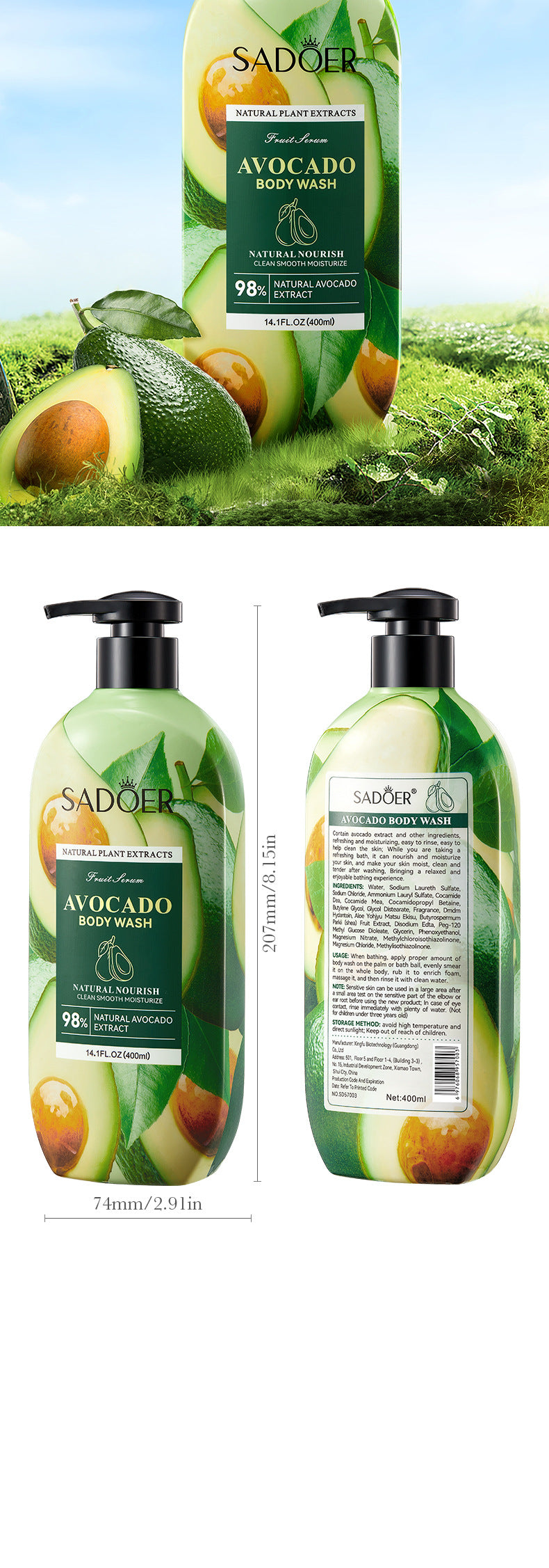 Full English Fruit Body Wash400ml SADOER Coconut Cleansing Avocado Shower Milk  Foreign Trade Wholesale