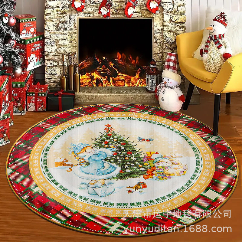 Christmas Carpet Round Living Room Crystal Velvet Floor Mat Christmas Decoration Atmosphere Mat Christmas Tree Floor Mat Customizable