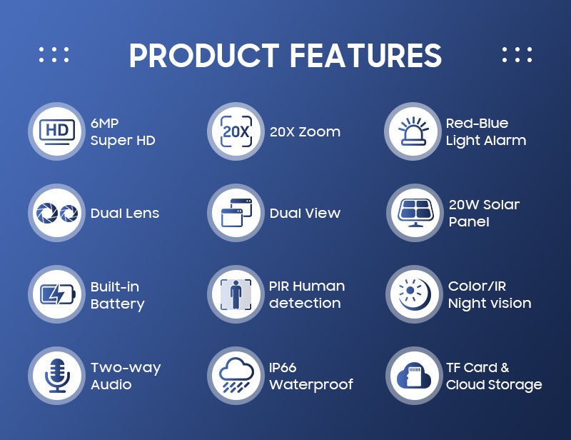 Dual Lens Dual Screen20Zoom7*24Solar Energy20W Hd600MP Metal Housing for Surveillance Camera