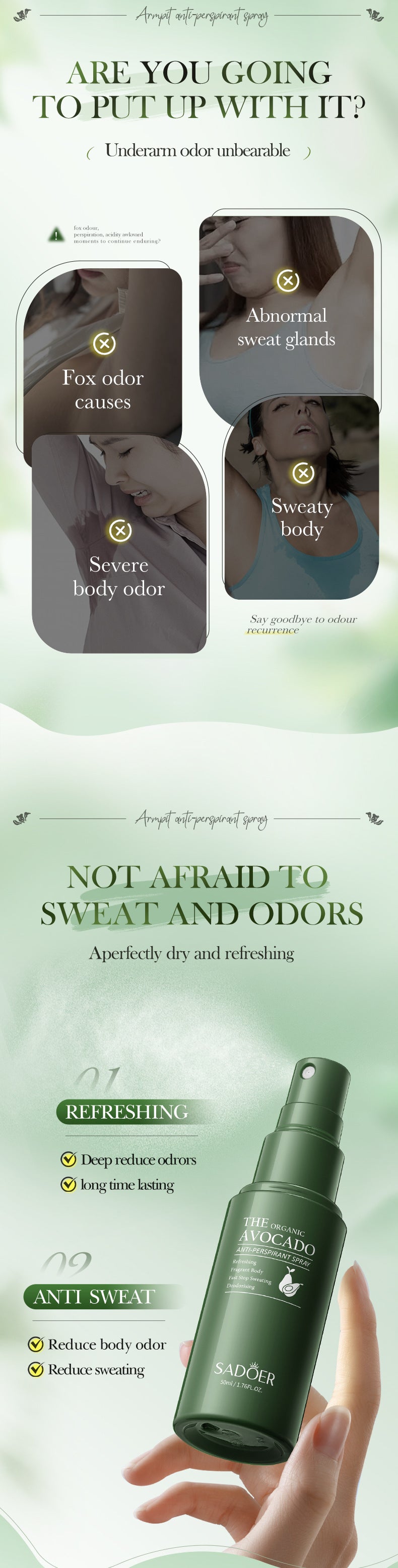 Avocado Perfume Antiperspirant Spray SADOER Deodorant Antiperspirant Portable Spray Cross-Border Wholesale