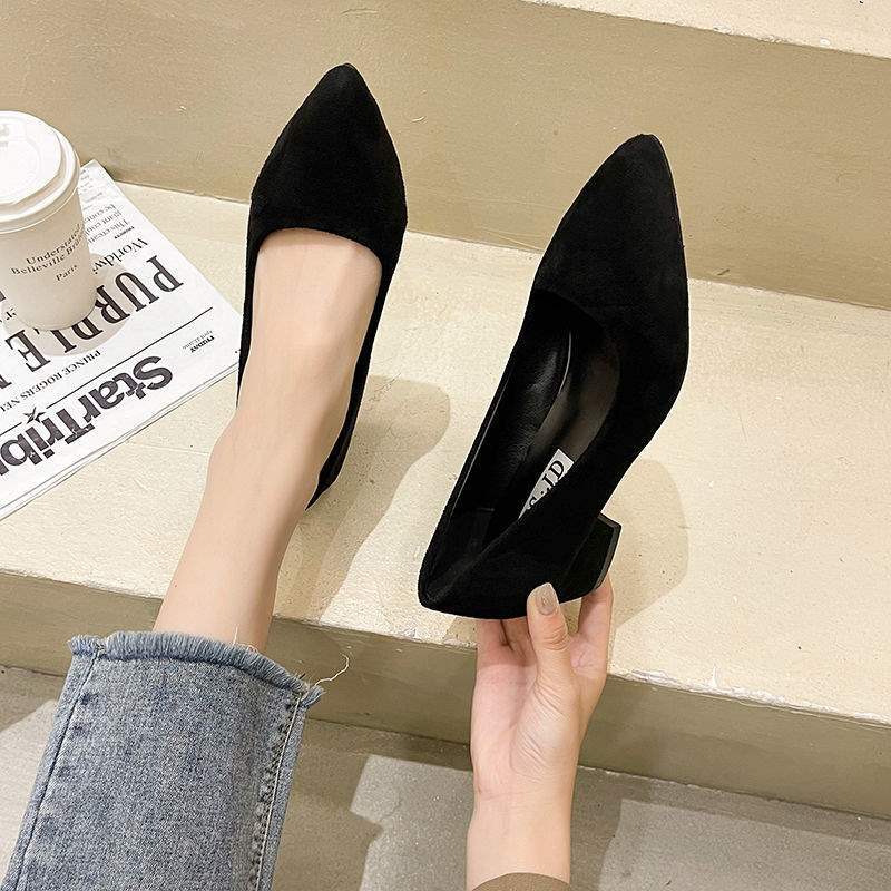 Etiquette Black Large Size High Heels Shallow Mouth Pointed Toe Non-Chafing Single Shoes Women Chunky Heel Professional Versatile Mid-Heel Work Shoes
