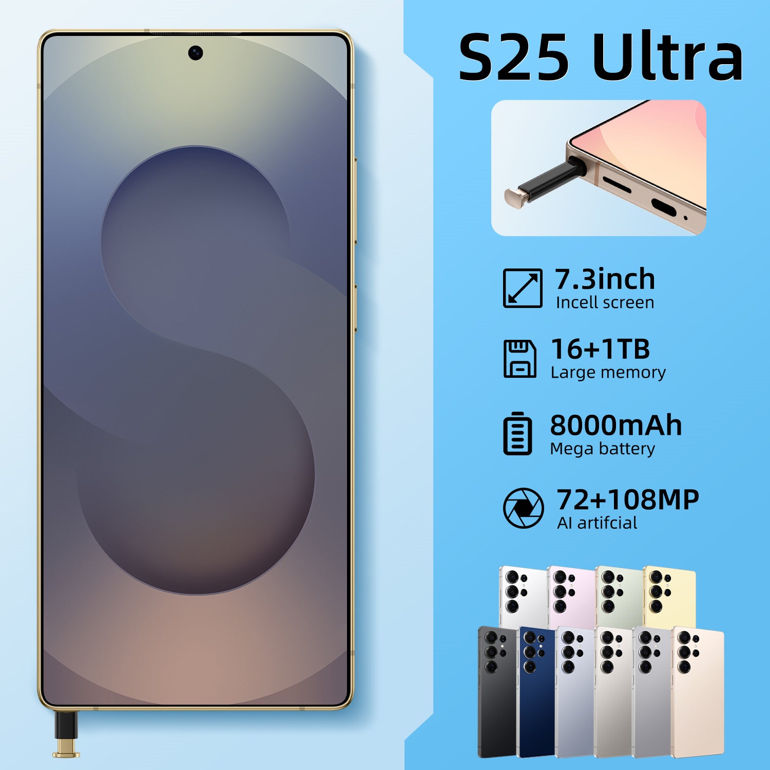 7.3Inch Smart High-Definition Large Screen S25 Ultra Android Phone16+1T Memory Source Factory