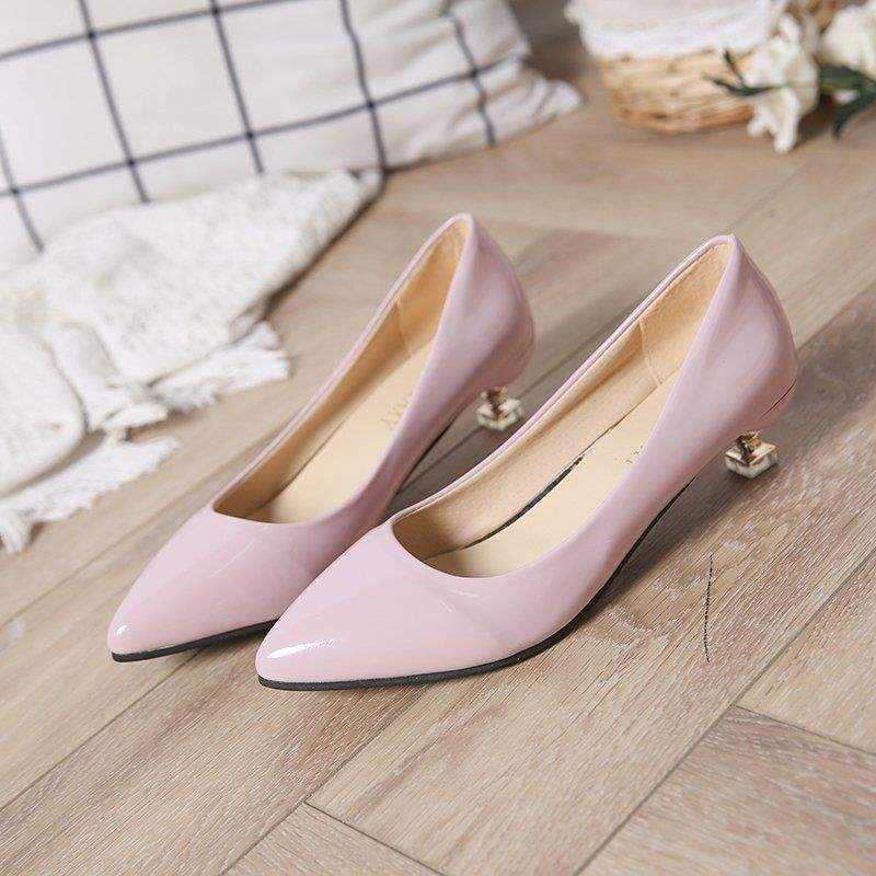 Low Heel High Heel Shoes Shiny Leather Cat Heel Shoes for Women3cm Stiletto Low Heel Korean Style Elegant Pointed Toe Small Heel Single Shoes Work Shoes