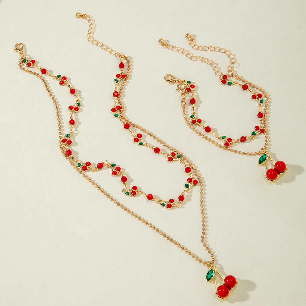 European and American Style Jewelry Light Luxury Imitation Pearl Cherry Necklace High-End Versatile Grass Multi-Layer Stacking Necklace Wholesale