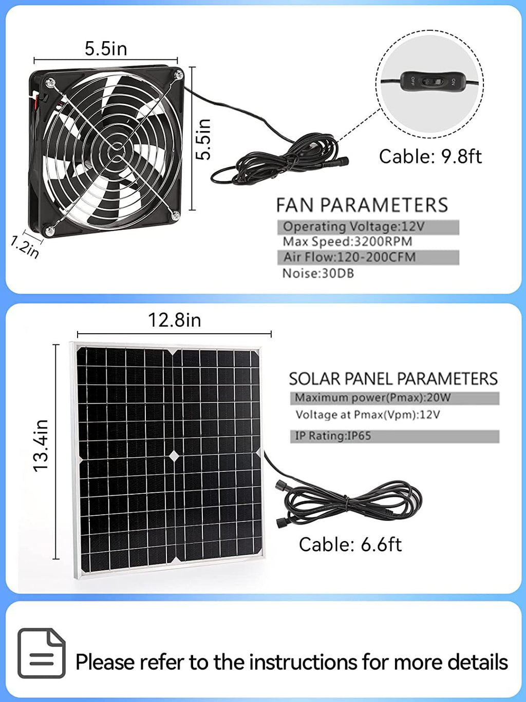 Solar Waterproof Solar Fan Kit20W Solar Panel+Fan,Suitable for chicken coops and sheds