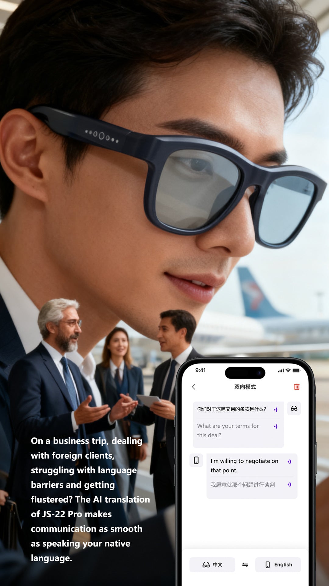 JS22 Pro Smart Glasses Bluetooth Call AI Real-time translation of meeting minutes with one-click color-changing lenses