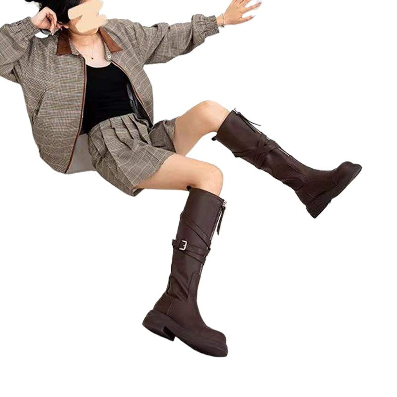 Internet Celebrity Same Style Autumn Medela~Thick-Soled Knight Boots Autumn Winter Retro Style Front Zipper Ghost Emperor Boots Long Boots for Women