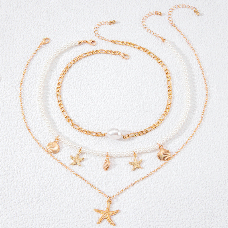 Jewelry Beaded Necklace Beach Imitation Pearl Necklace Starfish Shell Retro Vacation Small Multi-layer Necklace for Women