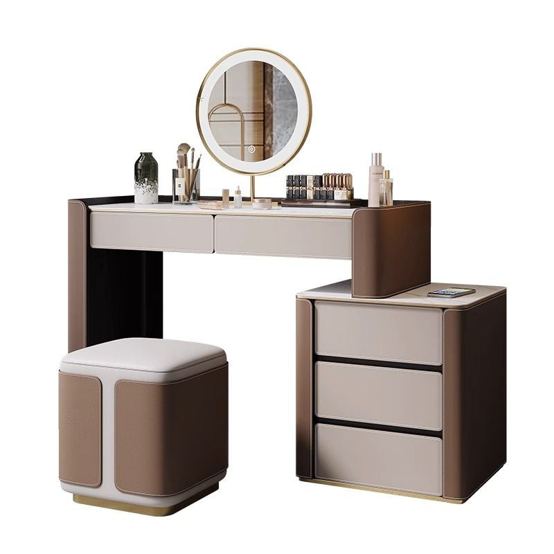 Italian Minimalist Saddle Leather Solid Wood Dressing Table Small Apartment Rock Board Makeup Table Chest of Drawers Integrated Bedroom Makeup Table
