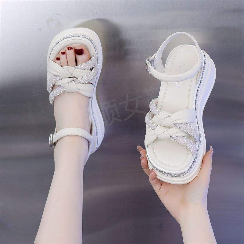 Export Internet Celebrity Women's Sandals2025New Summer Rhinestone Wedge Platform Thick Sole Roman Sandals Trendy