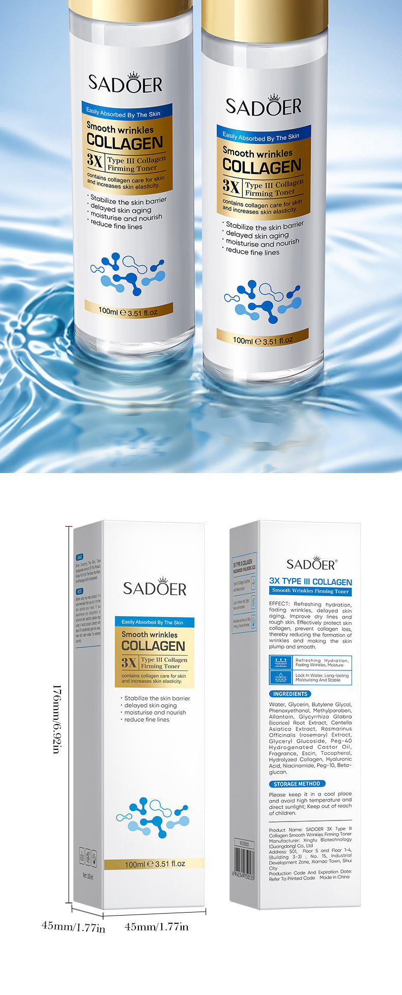 Type III Collagen Wrinkle Firming Toner SADOER Hydrating Moisturizing Water Cross-Border Wholesale
