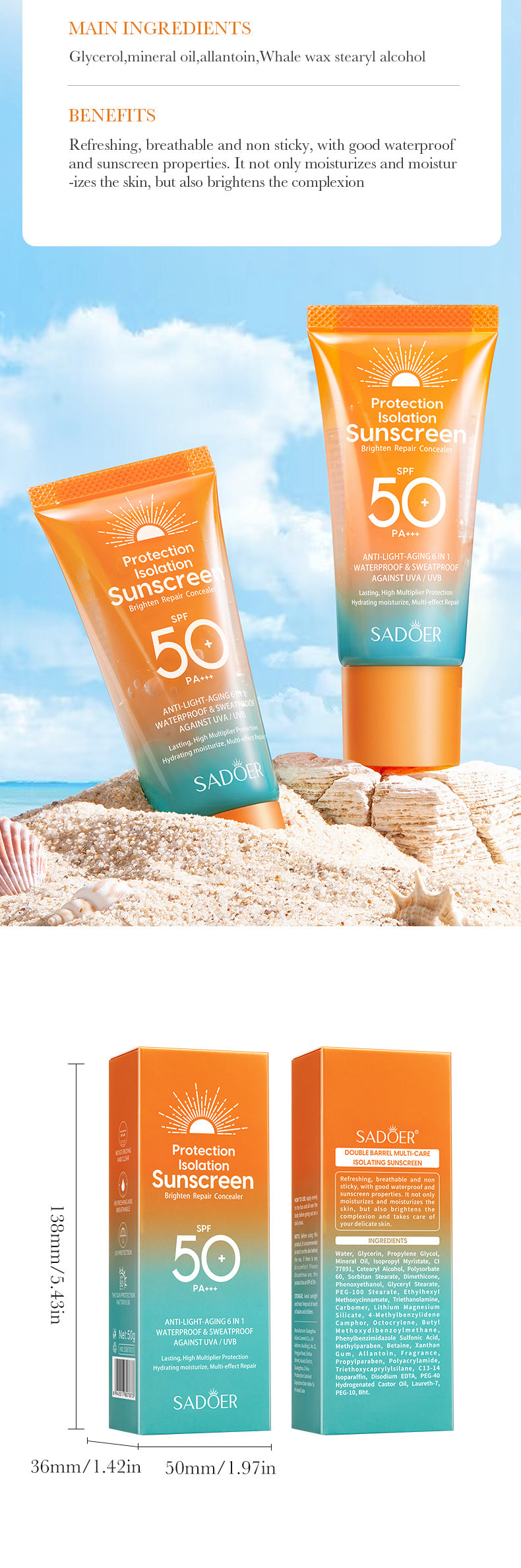 Full English Sunscreen50g SADOER Isolation Sunscreen Repair UV Protection Sunscreen Lotion  Wholesale