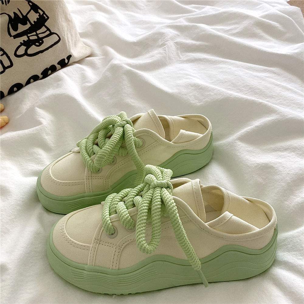 Honeydew Green~!Niche chic Korean Style Two-Way Canvas Shoes for Women, Summer Breathable Thin Versatile Thick-Soled White Shoes