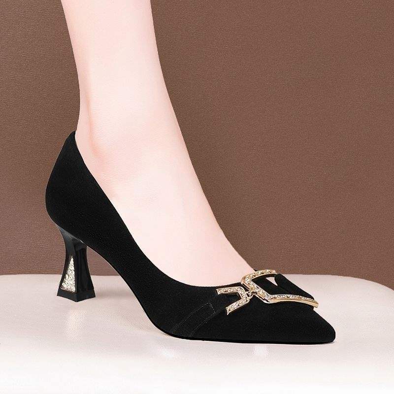 Women's Ultra Shallow Mouth Single Shoes2025New Soft Leather Pointed Toe Small Leather Shoes Suede Casual High Heels Women's Trendy