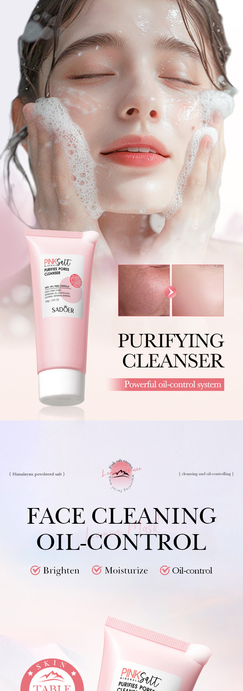Himalayan Pink Salt Facial Cleanser SADOER Pore Cleansing Facial Cleanser Cross-Border Wholesale