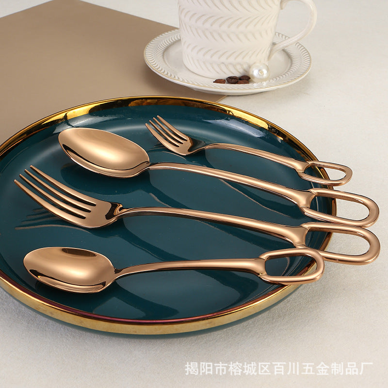 304Stainless Steel Western Cutlery Set with Rings, Steak Knife, Fork, Spoon, European Style Hanging Hole Tea Spoon with Tail Set