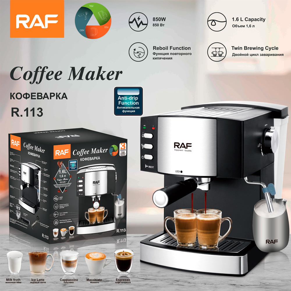 RAF Coffee Machine Household European Standard Italian Style Small Semi-Automatic High Pressure Steam Milk Frothing Office Use