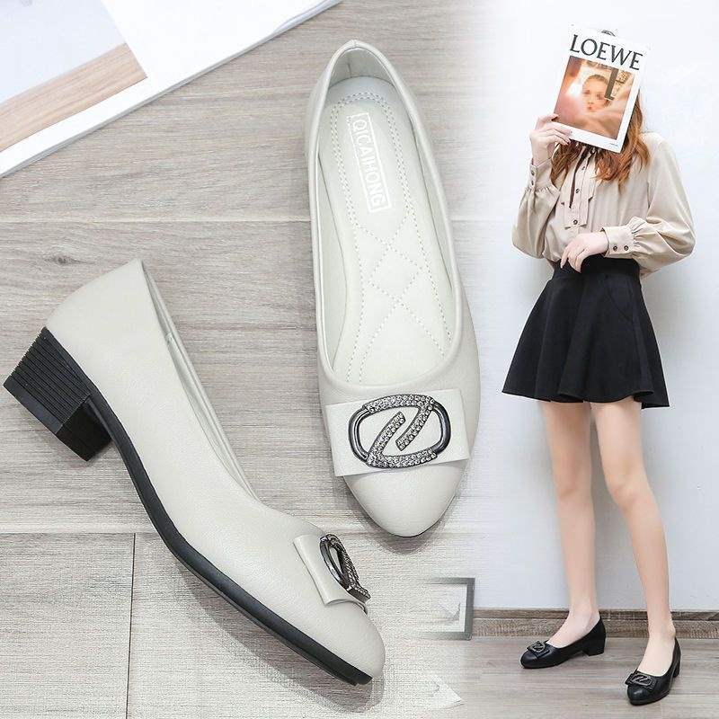 Soft Leather Single Shoes for Women, Integrated Heel, Mid-Heel, Mom Shoes, Leather Shoes, Chunky Heel, Loafers, Professional Work Shoes for Women