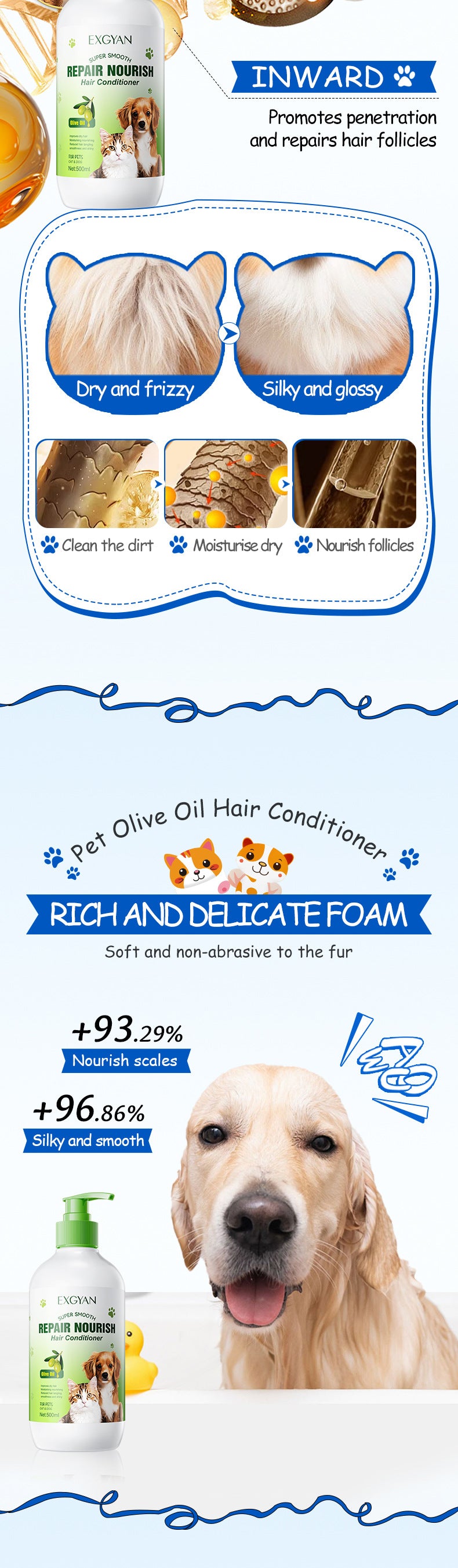 Pet Olive Conditioner EXGYAN Moisturizing and Beautifying Hair Conditioner for Cats and Dogs Cross-Border Wholesale