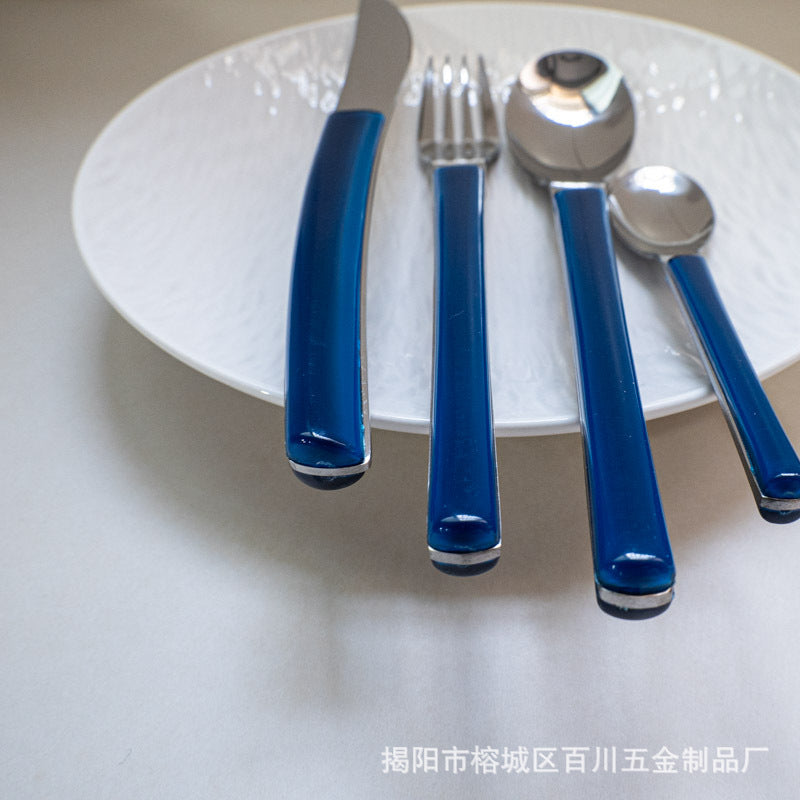 Gift Tableware5Main Stainless Steel Knife Fork Spoon Plastic Handle Hotel Real Tableware Western Knife Fork Spoon Set
