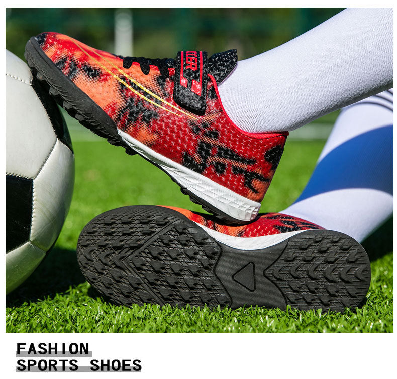 New Football Shoes for Men and Women, Children's Low-top Anti-collision Spike Magic Tape No-tie Grass Training Sports Shoes