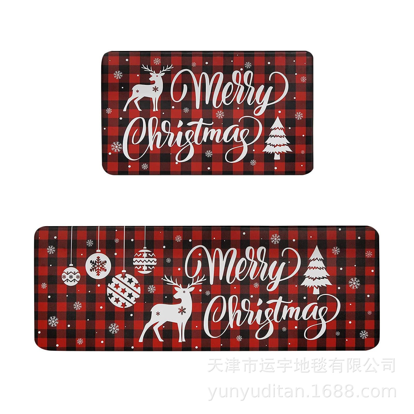 Christmas Kitchen Floor Mat Two-Piece Set Crystal Velvet Water-Absorbent Oil-Absorbent Non-Slip Foot Mat Holiday Decorative Floor Mat
