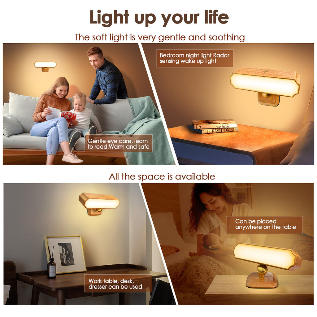 Solid Wood Wall Lamp Human Body Sensing Wireless Reading Wall Lamp Magnetic Night Light Desktop Warm Light Suitable for Staircase Corridor