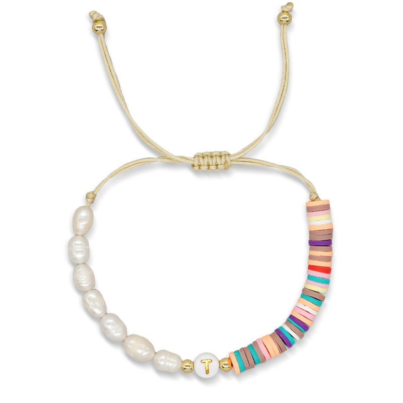 Imitation pearl26Letter Bracelet Bohemian Casual Vacation Bracelet Gold Beads Stretchable Soft Clay Woven Bracelet