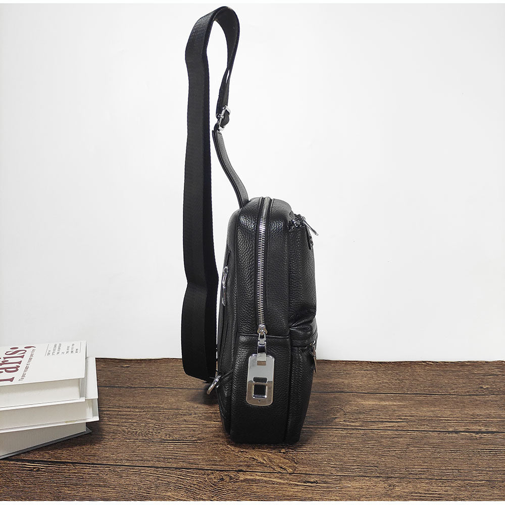 Fingerprint Unlock Men's Bag Genuine Leather Single Shoulder Crossbody Bag Top Layer Cowhide Casual Large Capacity High-end Chest Bag Anti-theft Bag
