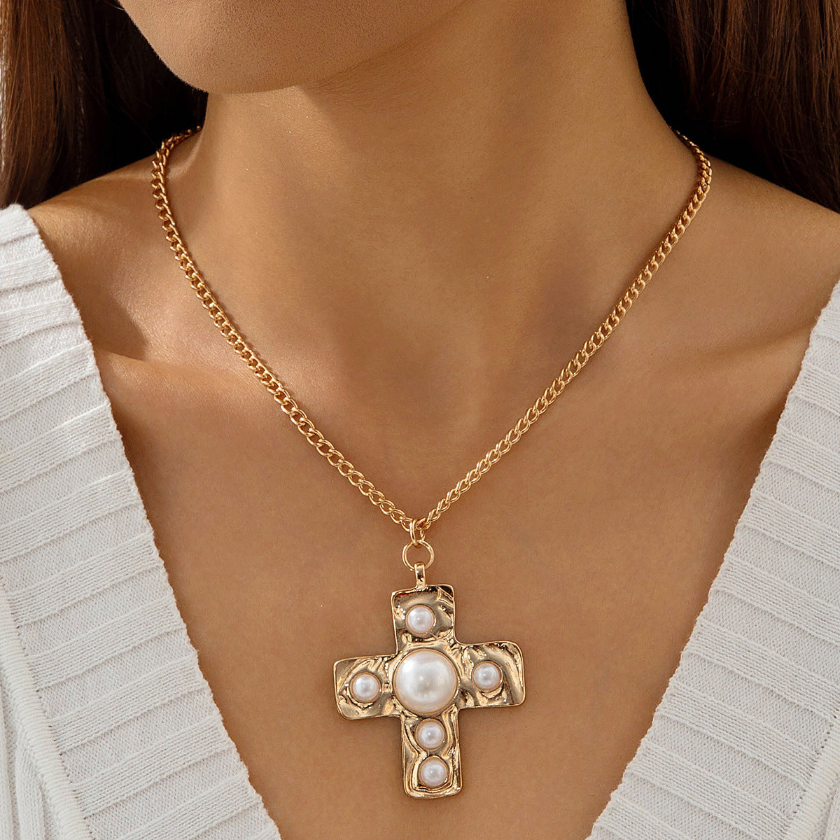 European and American Retro Hollow Diamond Cross Pendant Necklace Gothic Style Black Layered Wear Y Type Necklace