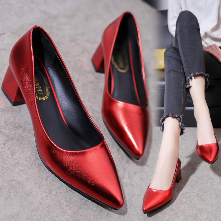 Spring and Autumn New Style Small Leather Shoes Thick Heel Square Buckle Single Shoes High Heels Black Professional Shoes Mid Heel Work Shoes Women's Shoes