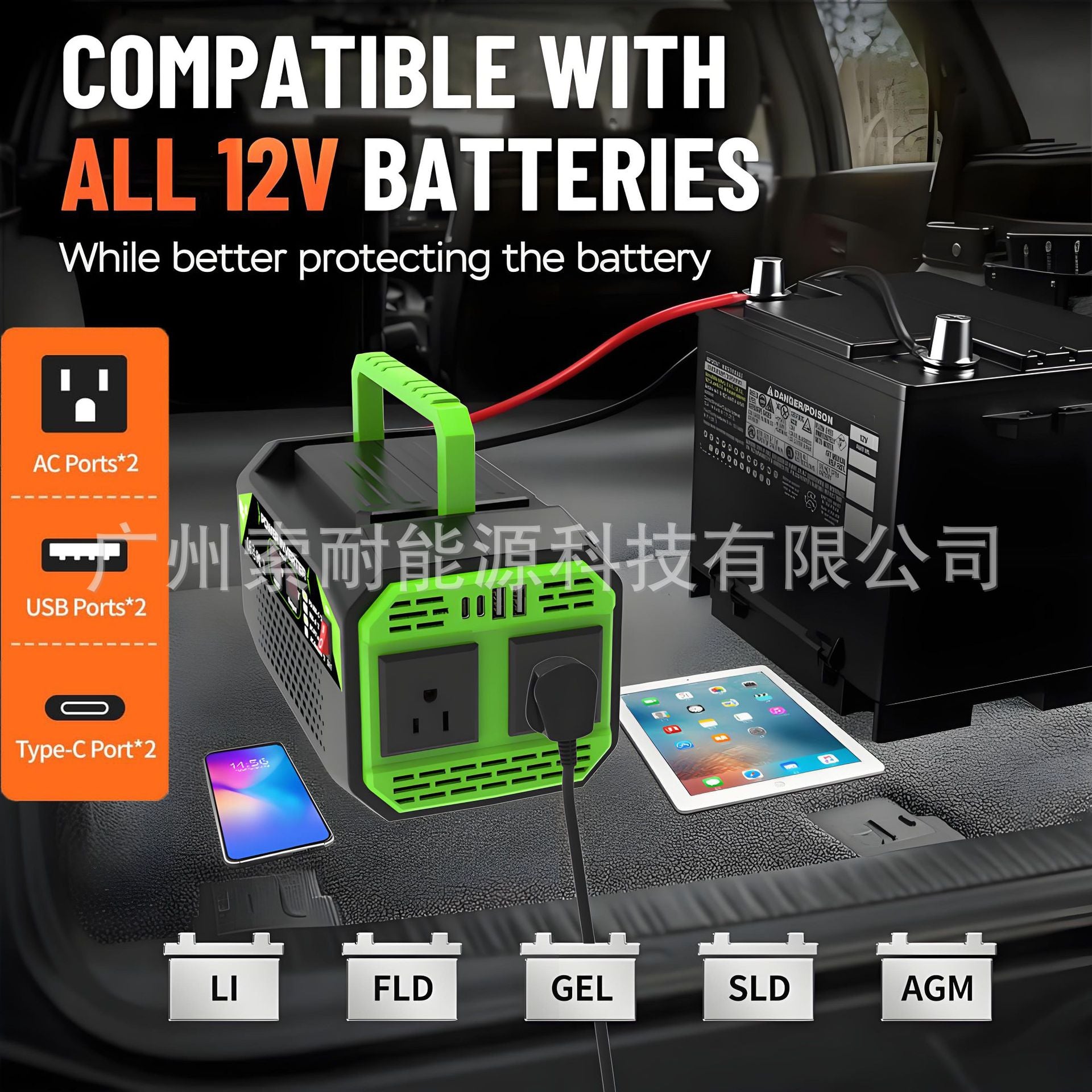 US Standard Socket Car Inverter300W/500W12V Turn110V With dual display/USB/Type-C