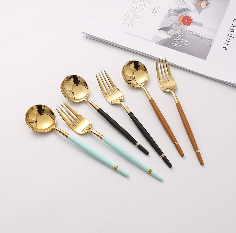 304Stainless Steel Portuguese Tableware Creative Lathe Craft Glossy Mirror Black Gold Round Spoon Dessert Spoon Fork