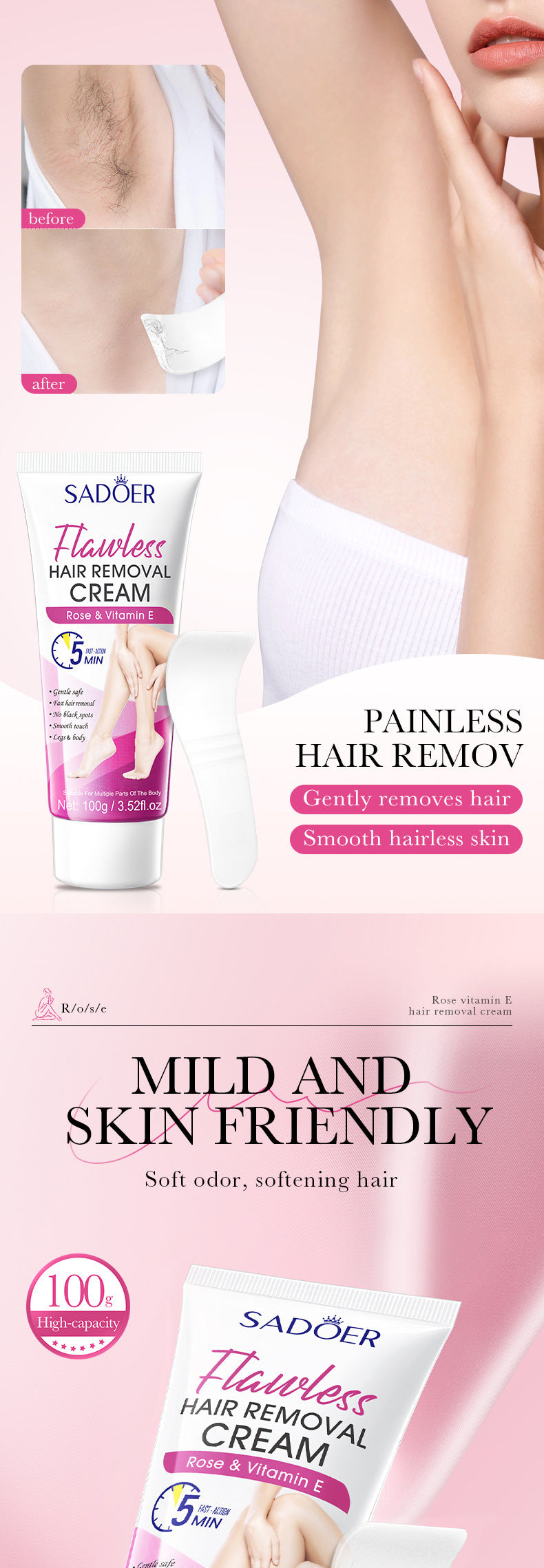 Plant VE Depilatory cream100g SADOER Smooth and Gentle Underarm Hair Removal Cream Cross-Border Wholesale