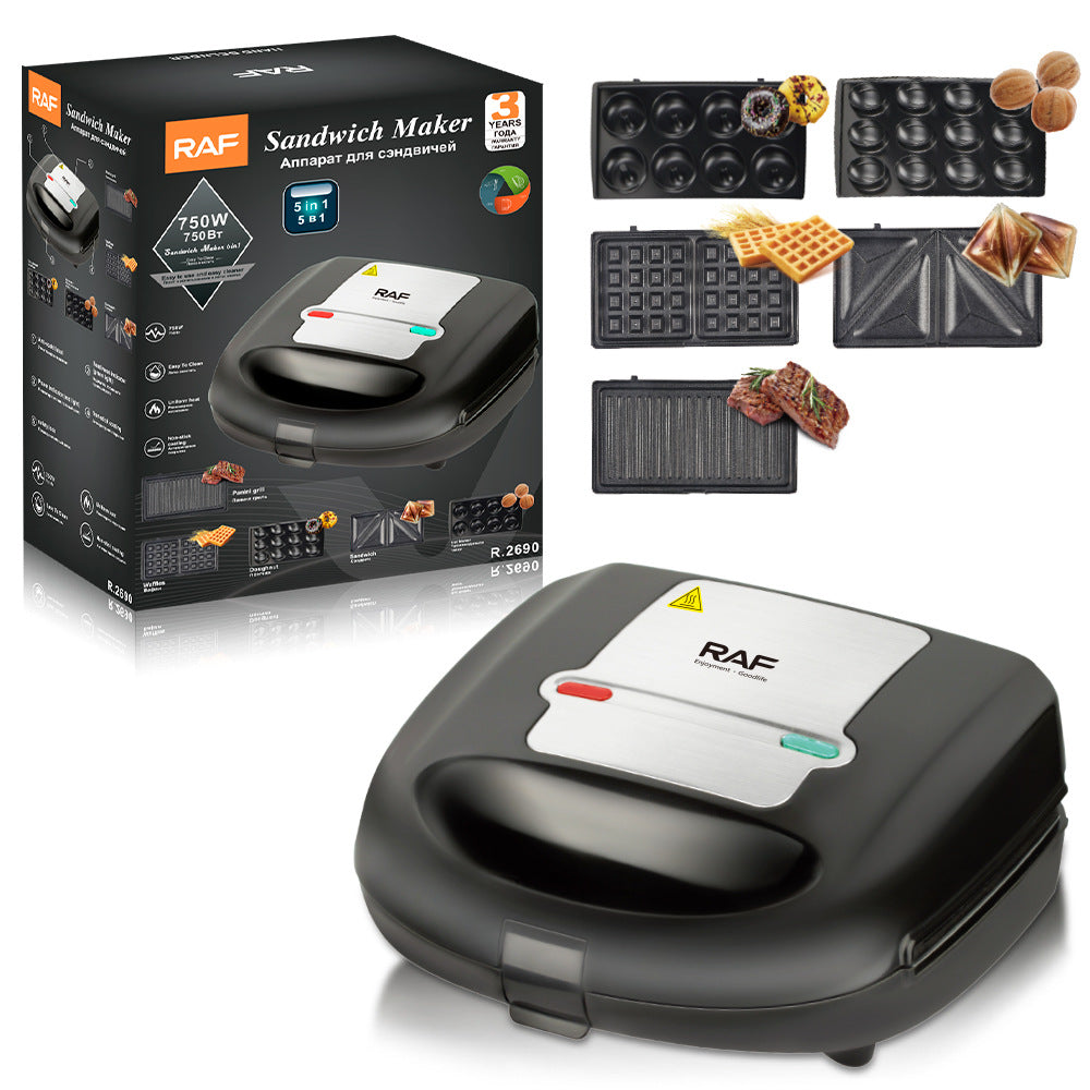 RAF European Standard 5-in-1 Sandwich Maker Breakfast Machine Double-Sided Heating Multifunctional Toaster Waffle Maker