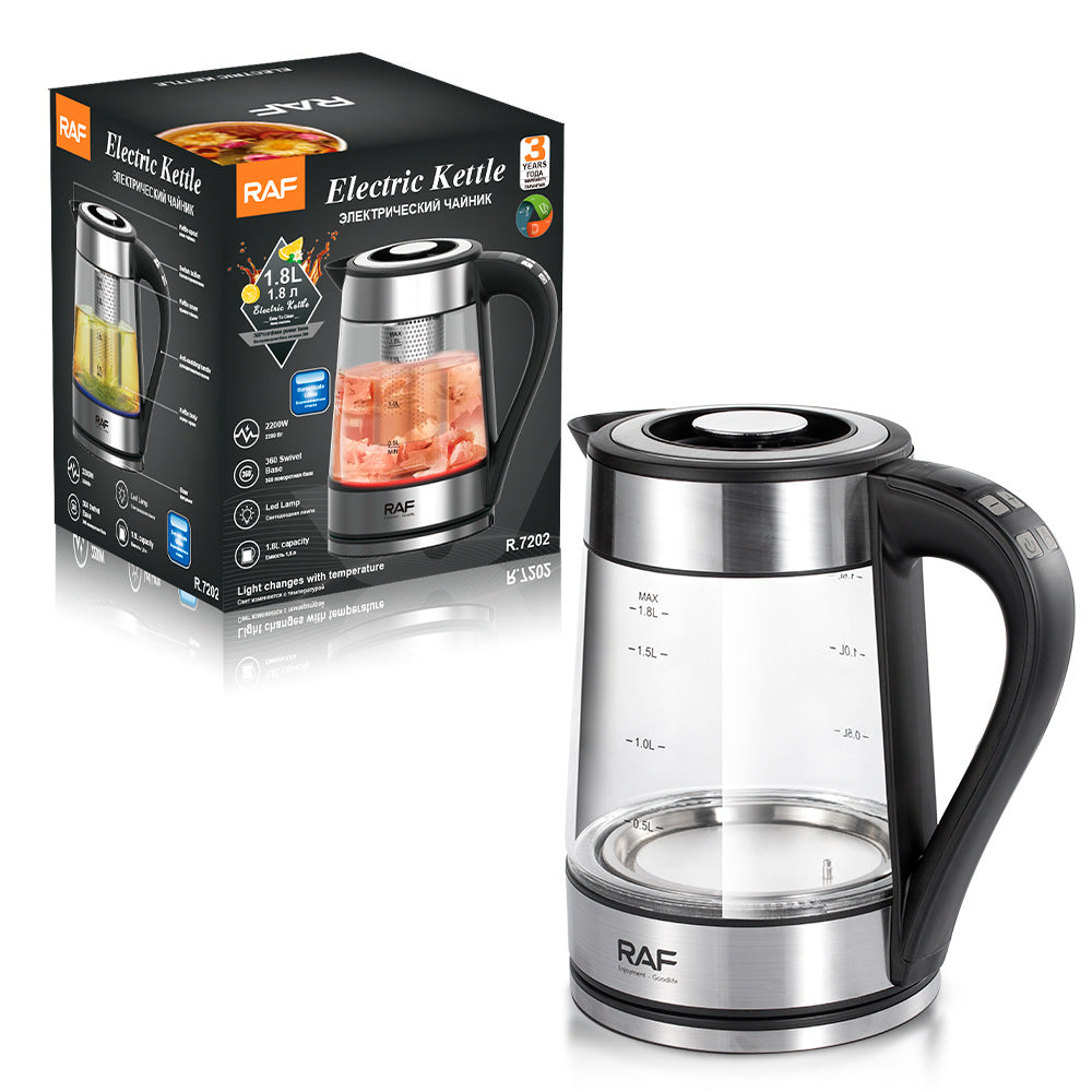 RAF European Standard Electric Kettle Automatic Power Off High Borosilicate Glass Electric Kettle LED Adjustable Temperature with Filter Plug7202