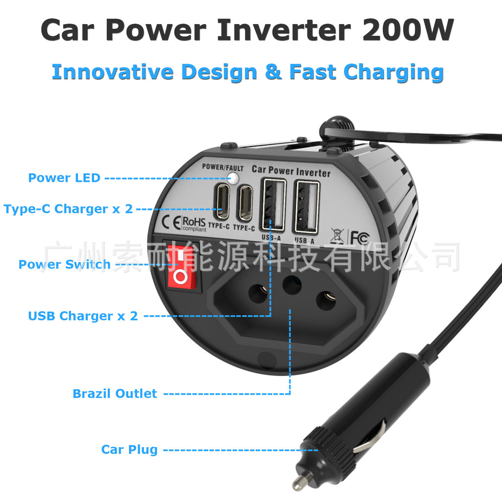 Hot Selling Car Inverter200W 12V Turn110V220V Double USB Type-C Cup Type inverter