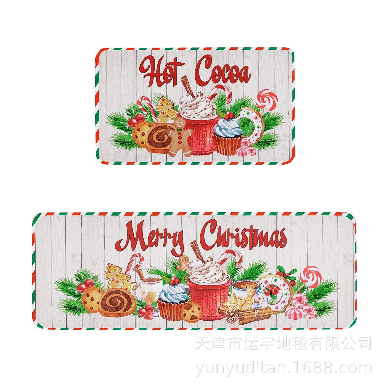 Christmas Kitchen Floor Mat Two-Piece Set Crystal Velvet Water-Absorbent Oil-Absorbent Non-Slip Foot Mat Holiday Decorative Floor Mat