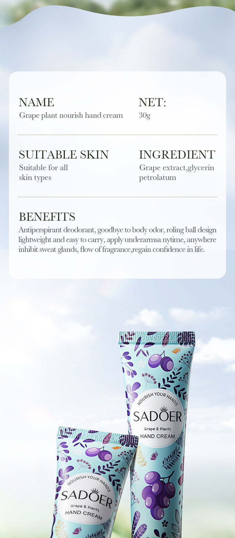 Grape Moisturizing Hand Cream SADOER Autumn and winter anti-chapped moisturizing hand cream cross-border foreign trade wholesale