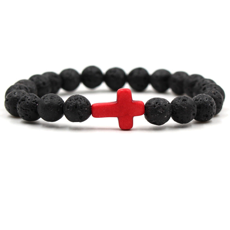 Easter Cross Bracelet Men's Personalized Gift Turquoise Bracelet8mm Beaded Volcanic Stone Cross Bracelet
