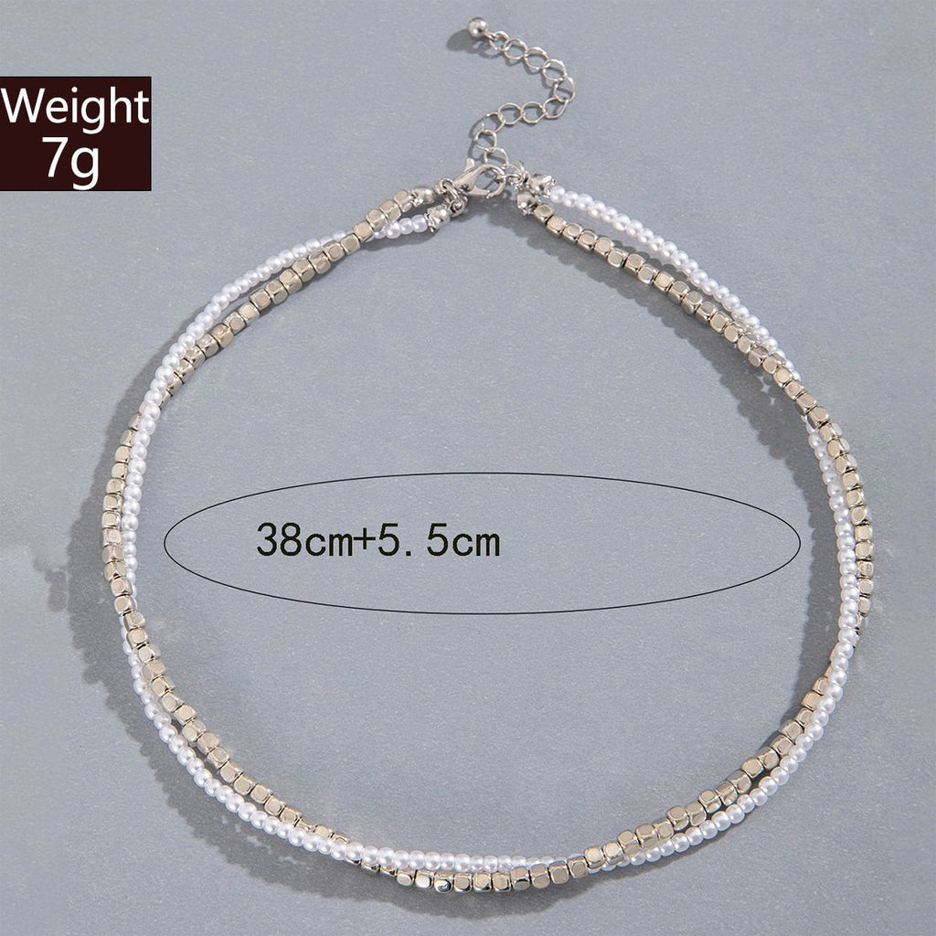 European and American Ornament  Simple Versatile Japanese and Korean Fresh Style Beaded Sugar Cube Round Bead Pearl Necklace Wholesale