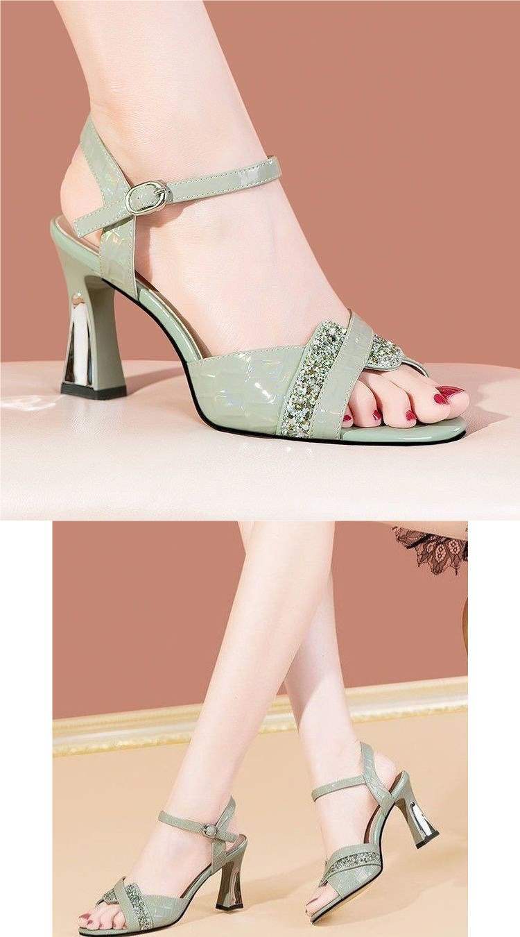 Soft Leather Peep Toe Waterproof Platform High Heel Sandals for Women Summer Chunky Heel2025New Fashion Sequin Strap Fashion Women's Shoes