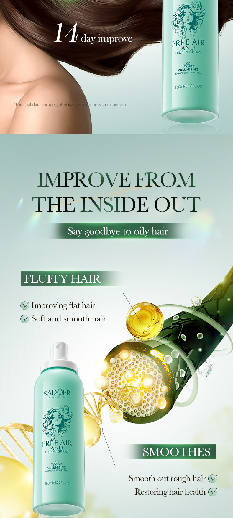 Hair Volumizing Spray SADOER Oil Removal and Smooth Hair Spray for Improving Hair Texture, Cross-Border Wholesale