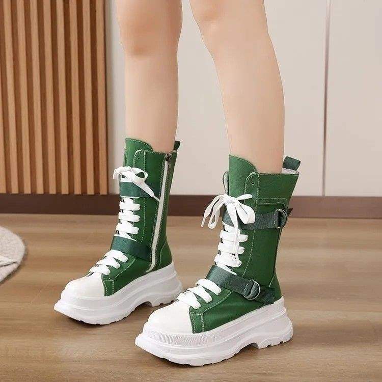 2025Summer New Korean Style High-Top Canvas Martin Boots High Heel Round Toe Non-Slip Height Increasing Trend Korean Style Solid Color Series